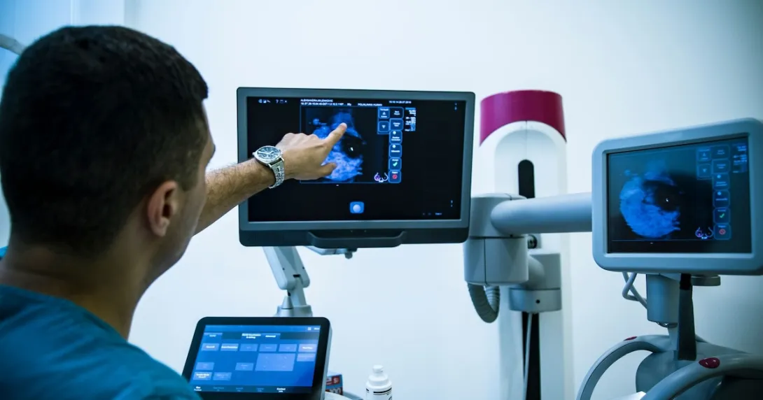 A doctor examining a mammogram A doctor examining a mammogram